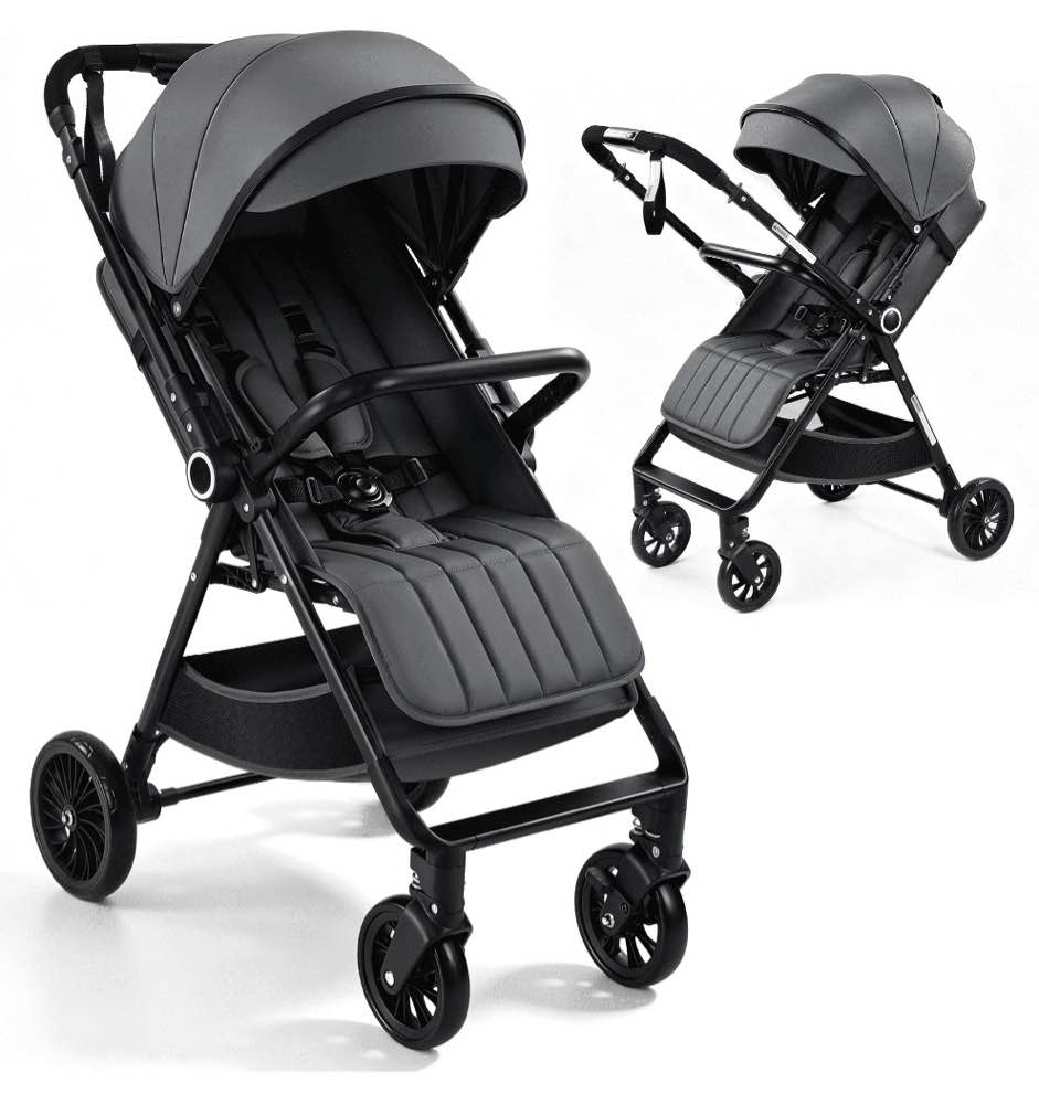 vomeast lightweight stroller, foldable baby stroller with reversible handle & one-hand fold for travel, gray