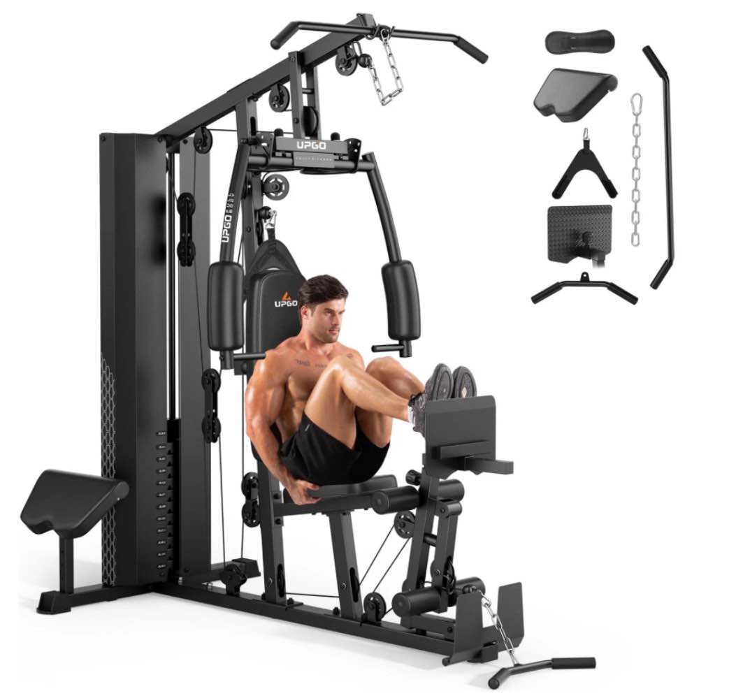 upgo home gym station, workout equipment with 154lbs weight stack, leg press and preacher curl pad ( box 2 of 4 )