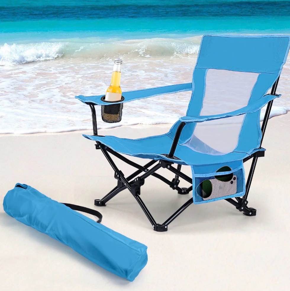 coliware folding backpack beach chair, blue compact lightweight camping chair with carry bag cup holder, outdoor reclining low-profile travel chair for adults, heavy-duty