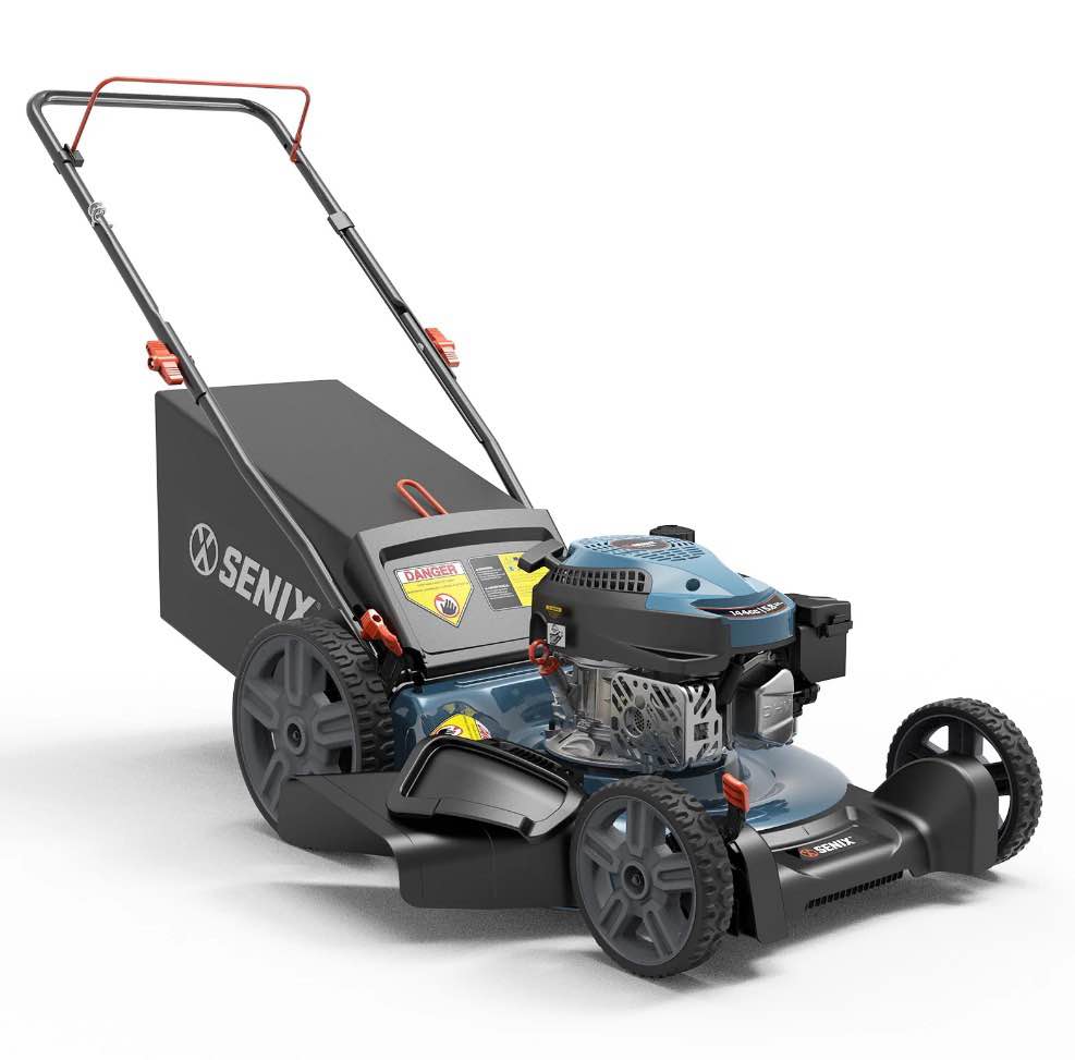 senix gas lawn mower 21in cutting blade 22in cutting deck, 144cc 4-cycle engine, 3-in-1, 6-height adjustment, 11" rear wheels, lspg-m14