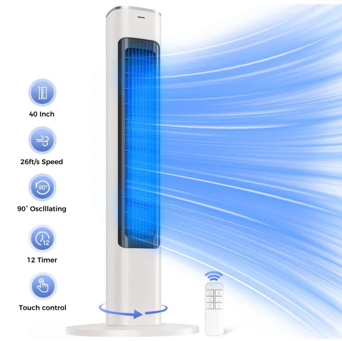 tower fan 40 electric fan for bedroom 90° oscillating stand fan with remote 4 speeds 26ft/s 12h timer 28db bladeless cooling fans for home