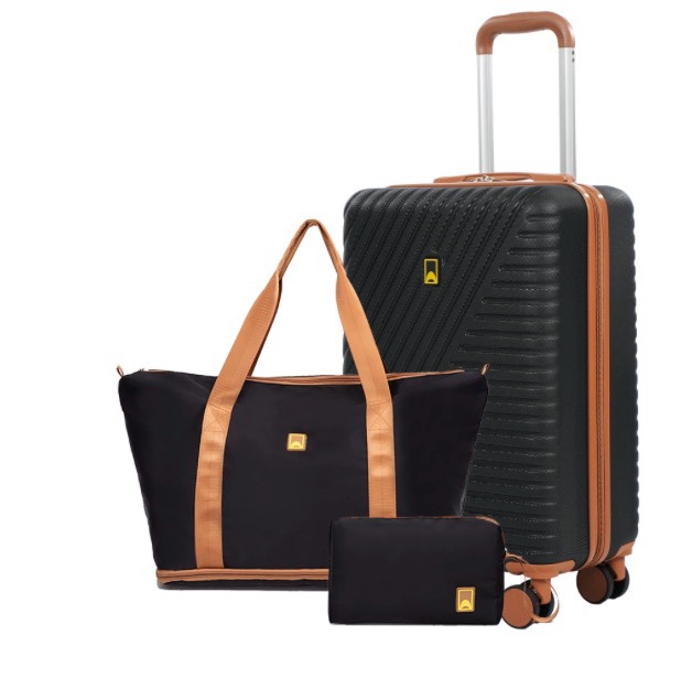 3 piece carry on luggage sets, hardside suitcase set with double spinner wheels, expandable travel bag and toiletry bag, black
