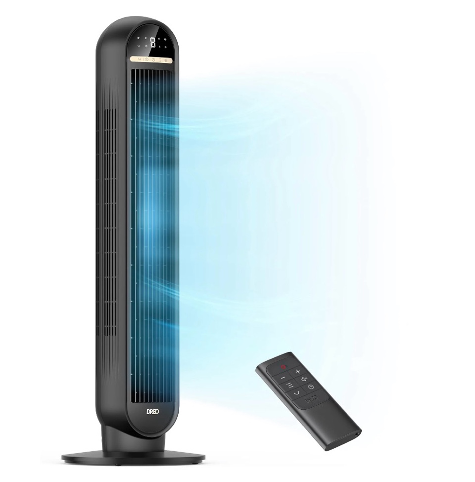 dreo 36 tower fans for home 90° oscillating fan 24 ft/s high velocity standing fan with remote control led display 4 speeds 4 modes 8h timer quiet for bedroom office