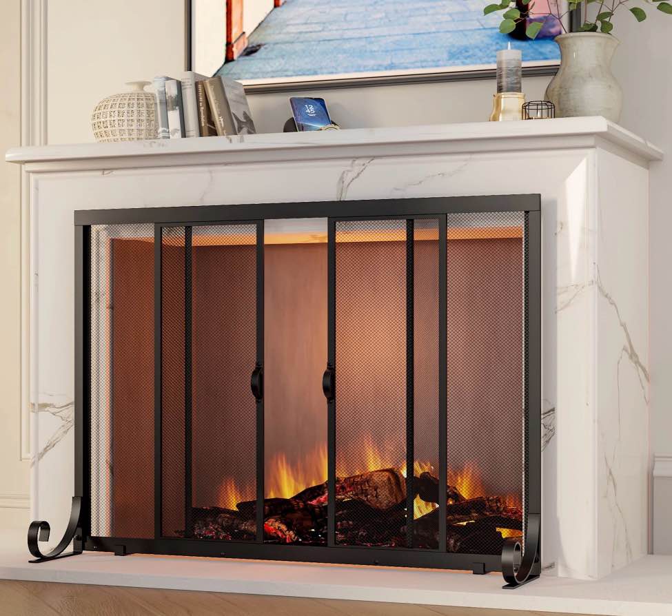 fire beauty fireplace screen, wrought iron mesh, baby safe spark guard protector with 2-doors large flat guard screens (35 x 28 inch)