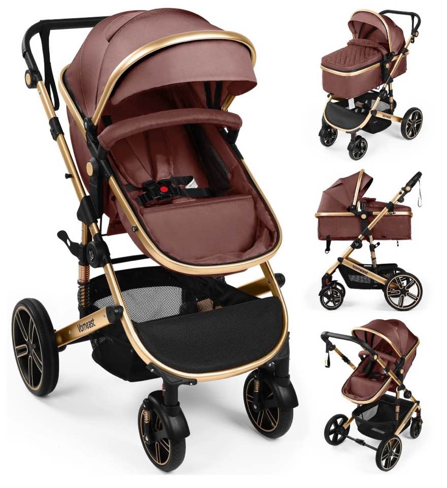 vomeast baby stroller, foldable aluminum alloy stroller with reversible, travel stroller for newborn infant, brown