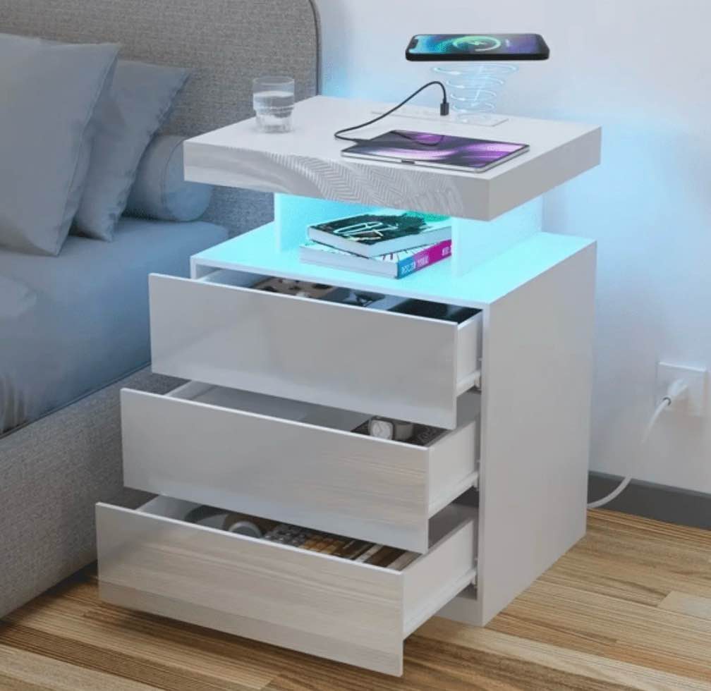hommpa led nightstand wireless charging station usb type c outlets bedside table 3 drawers white night table modern smart nightstand high gloss end side table for bedroom furniture 26.8" tall