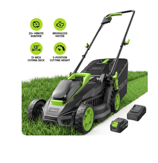 steelite 13-inch cordless lawn mower, 21v electric lawn mowers with brushless motor for garden,5 heights adjustment, 4.0ah battery & charger included