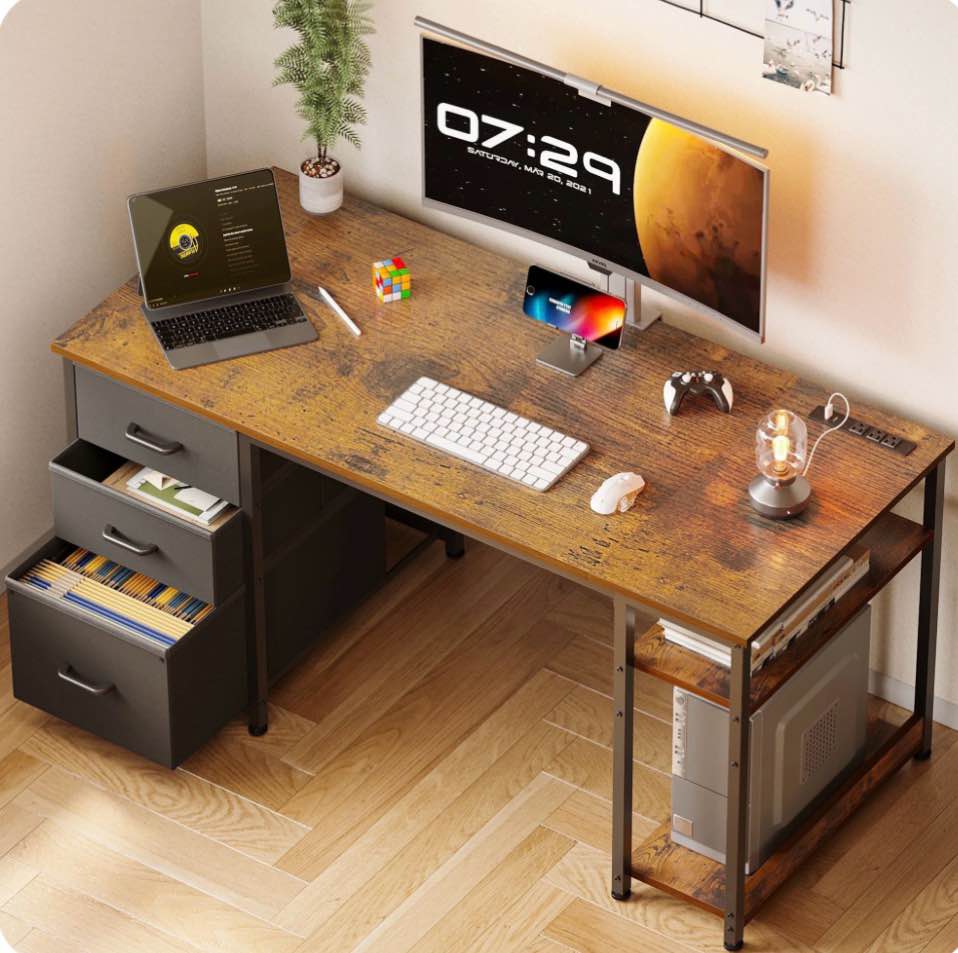 51 inch computer desk with file drawers & usb power outlets- reversible home office desk with storage shelves, work from home, writing table for bedroom, vintage