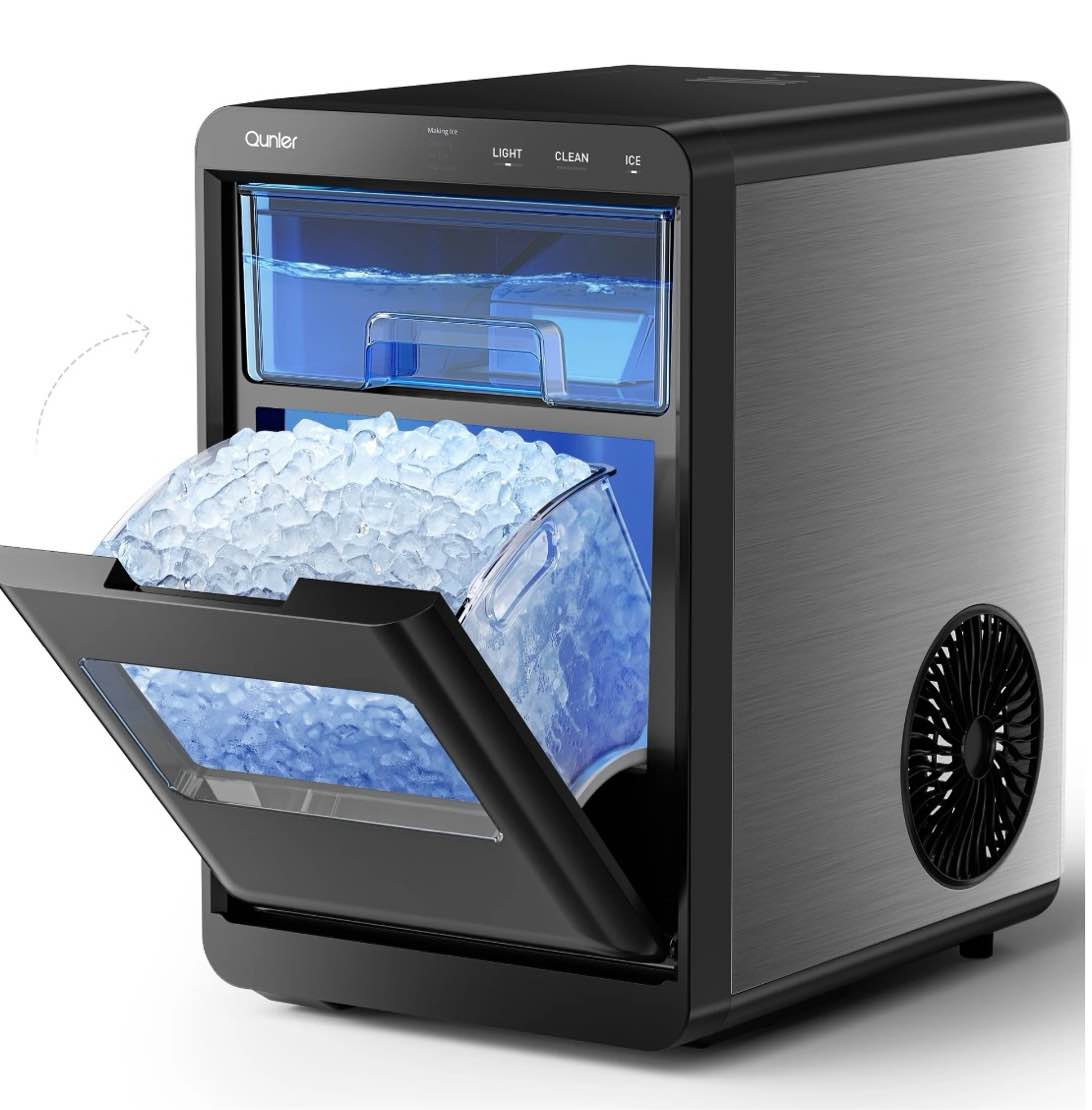 qunler nugget ice maker countertop, 44lbs per day chewable pebble nugget ice machine with touch screen for home, kitchen, office, stainless steel, black