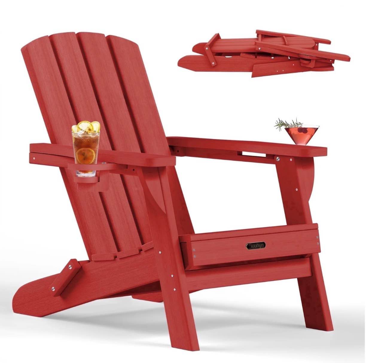 folding adirondack chair, hdpe all-weather lawn chair with 2 cup holder, patio garden outdoors fire pit, red