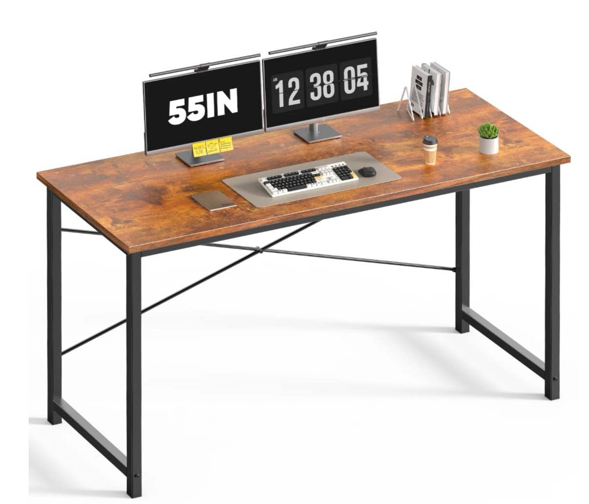 concetta 55 inch computer desk, simple office desk table for gaming or home office, writing desk for small space, rust