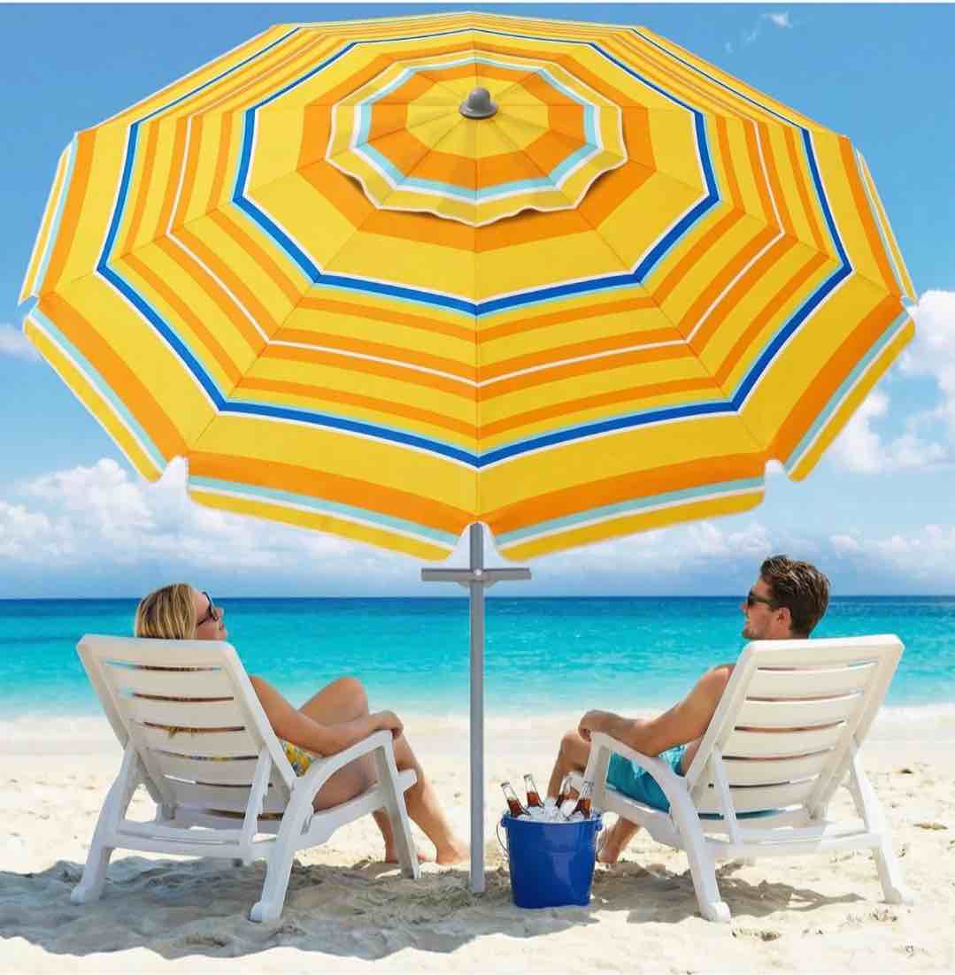 beach umbrella for sand with sand anchor & tilt, 7ft beach umbrella for heavy duty wind portable with carry bag and hook, for patio pool sea