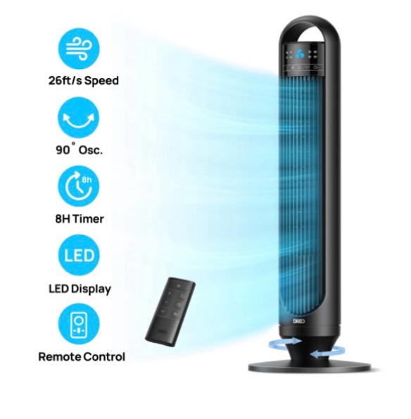 dreo tower fans for home  32  standing floor fan  26 ft/s bladeless fan with remote  90° oscillating  3 modes  3 speeds  led display  8h timer  quiet room fan