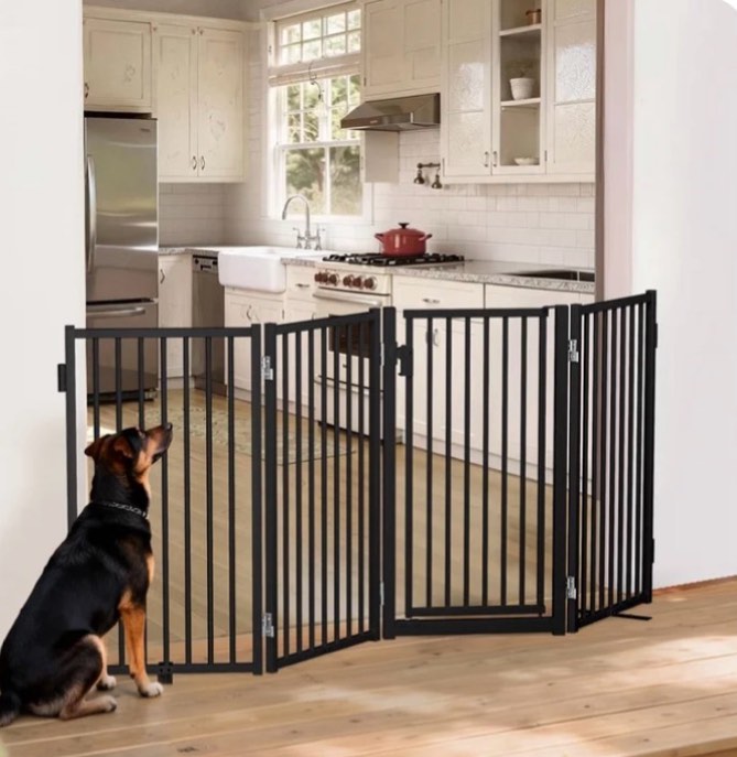 dog gate, domipet pet gate freestanding, 80''extra wide dog gate 32''height pet playpen for doorways, black