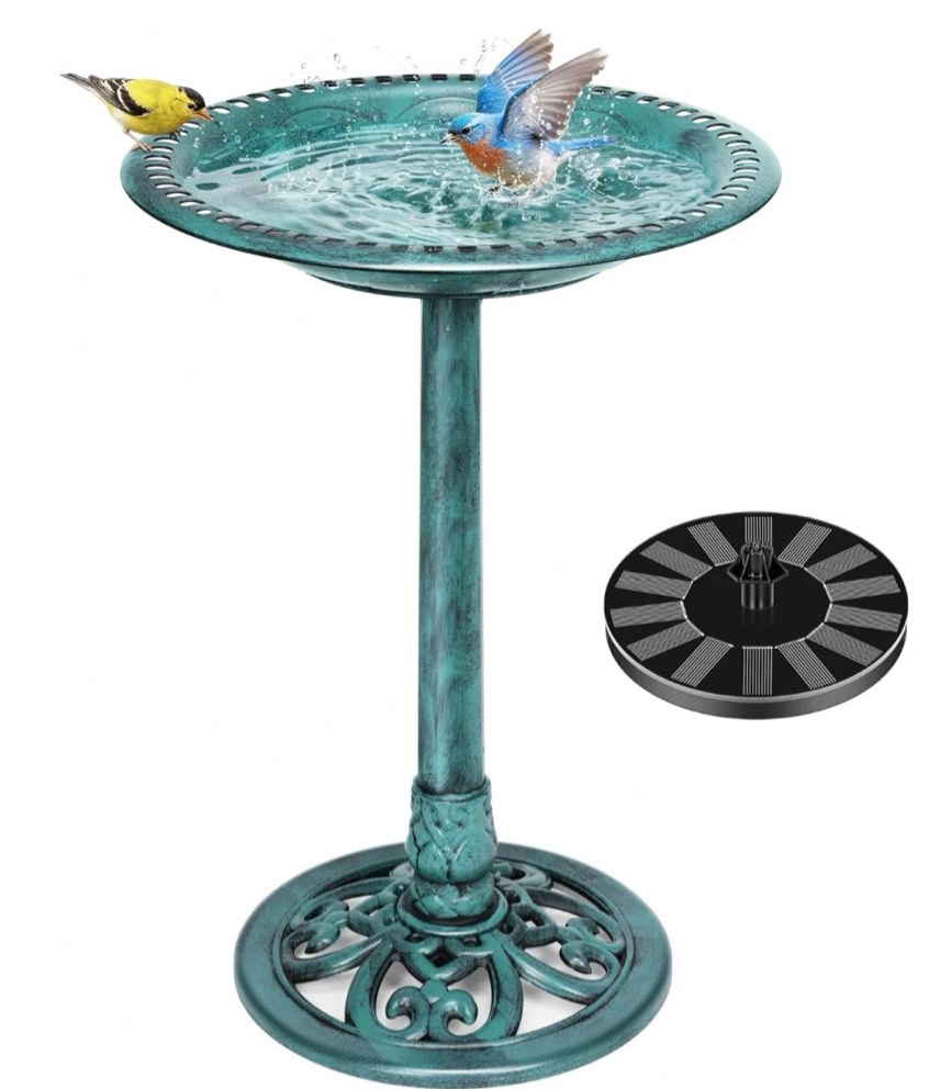specstar bird bath polyresin antique outdoor green garden birdbath and solar powered round pond fountain combo set