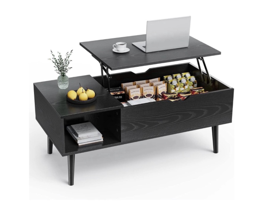 edx wooden lift top coffee table with hidden compartments and adjustable shelves - ideal for small homes, apartments, reception rooms, black grain