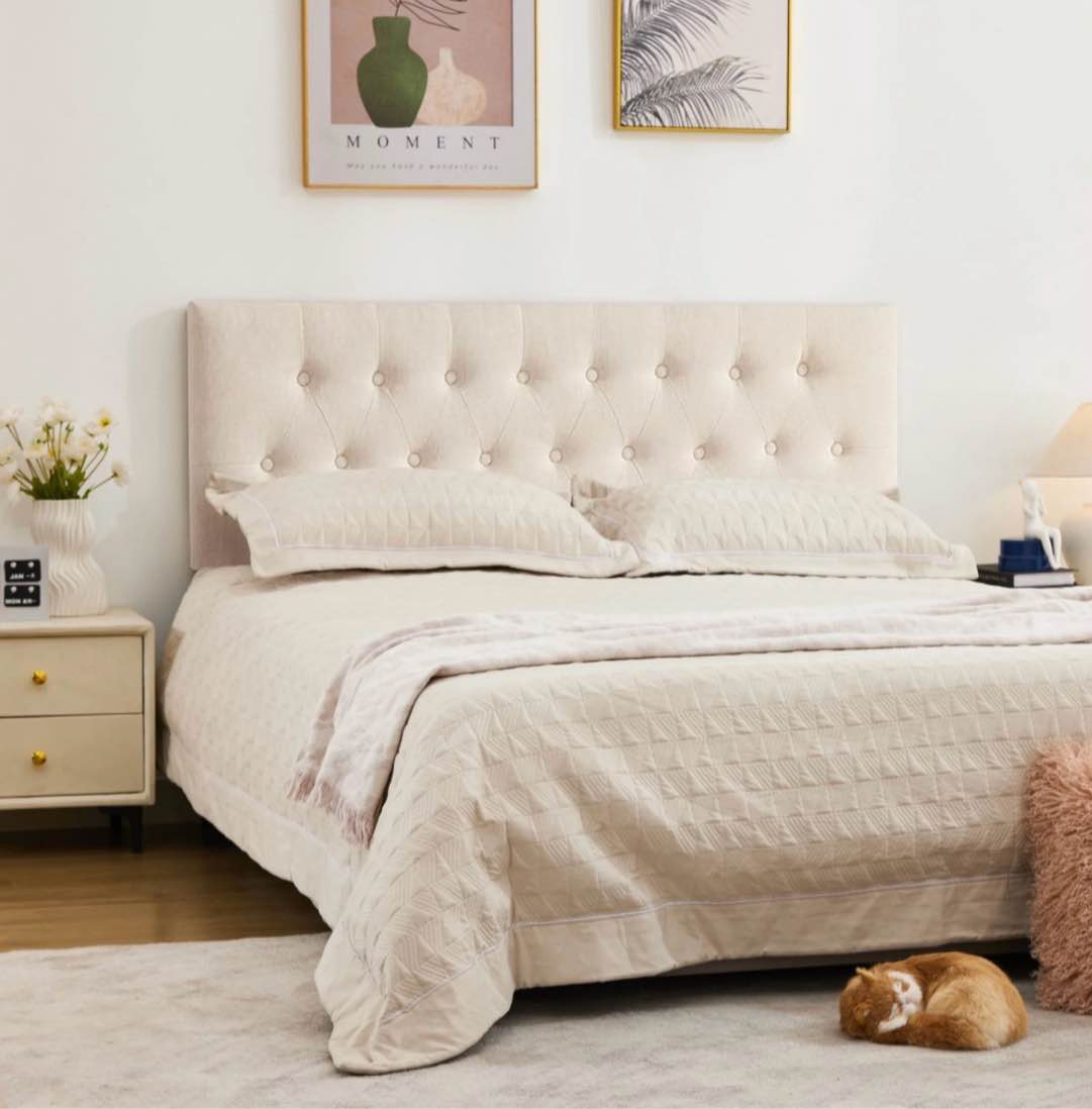 jonpony tufted upholstered headboard queen size, solid wood head board with adjustable height headboard from 37" to 51",bed frame adapters,beige,headboard only