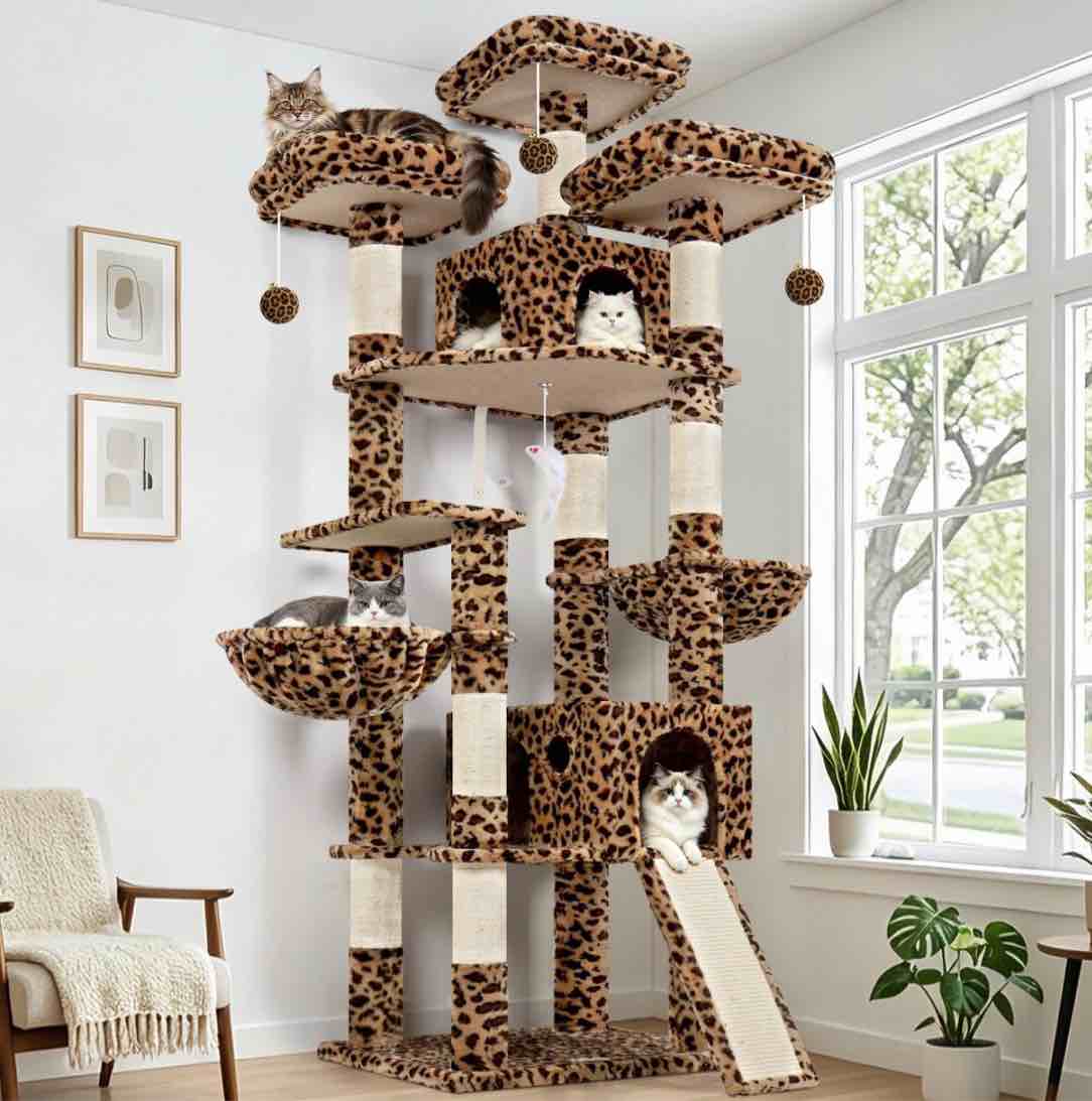 globlazer 83'' multi-level large cat tree tower for indoor cats with sisal scratching post, hammock & 2 condos,leopard print