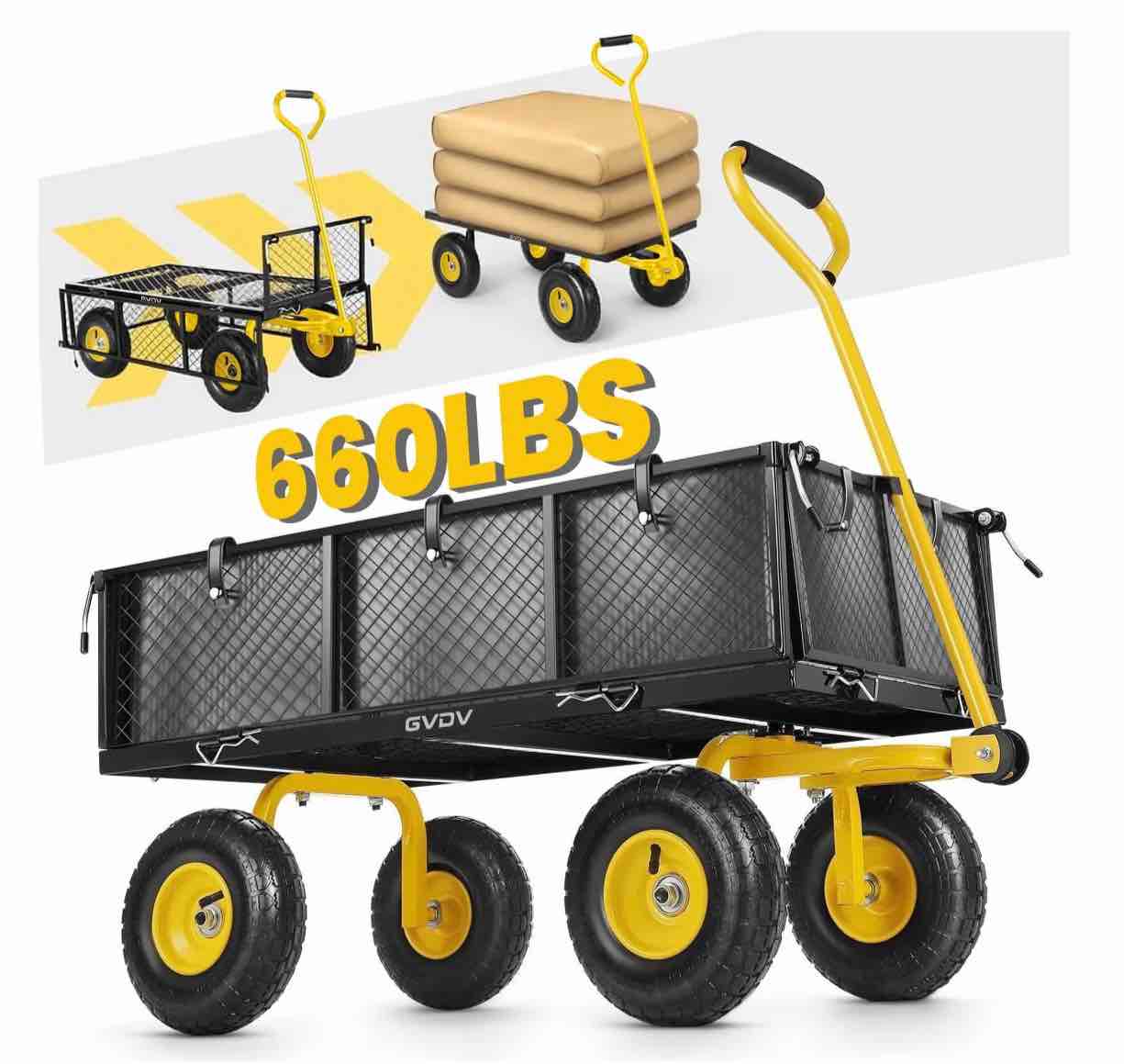 gvdv heavy duty steel garden cart with liner, 40" x 20", 660lbs capacity, 10" wheel, utility cart for yard work hauling and outdoor use, black/yellow