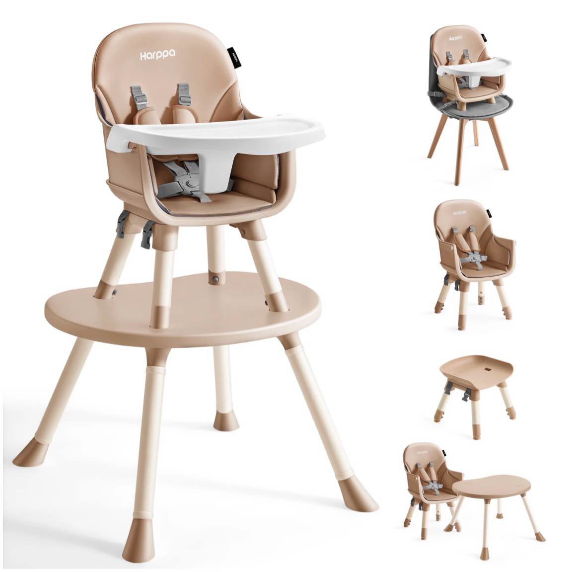 harppa baby high chair, 8 in 1 convertible highchair for babies & toddlers, khaki