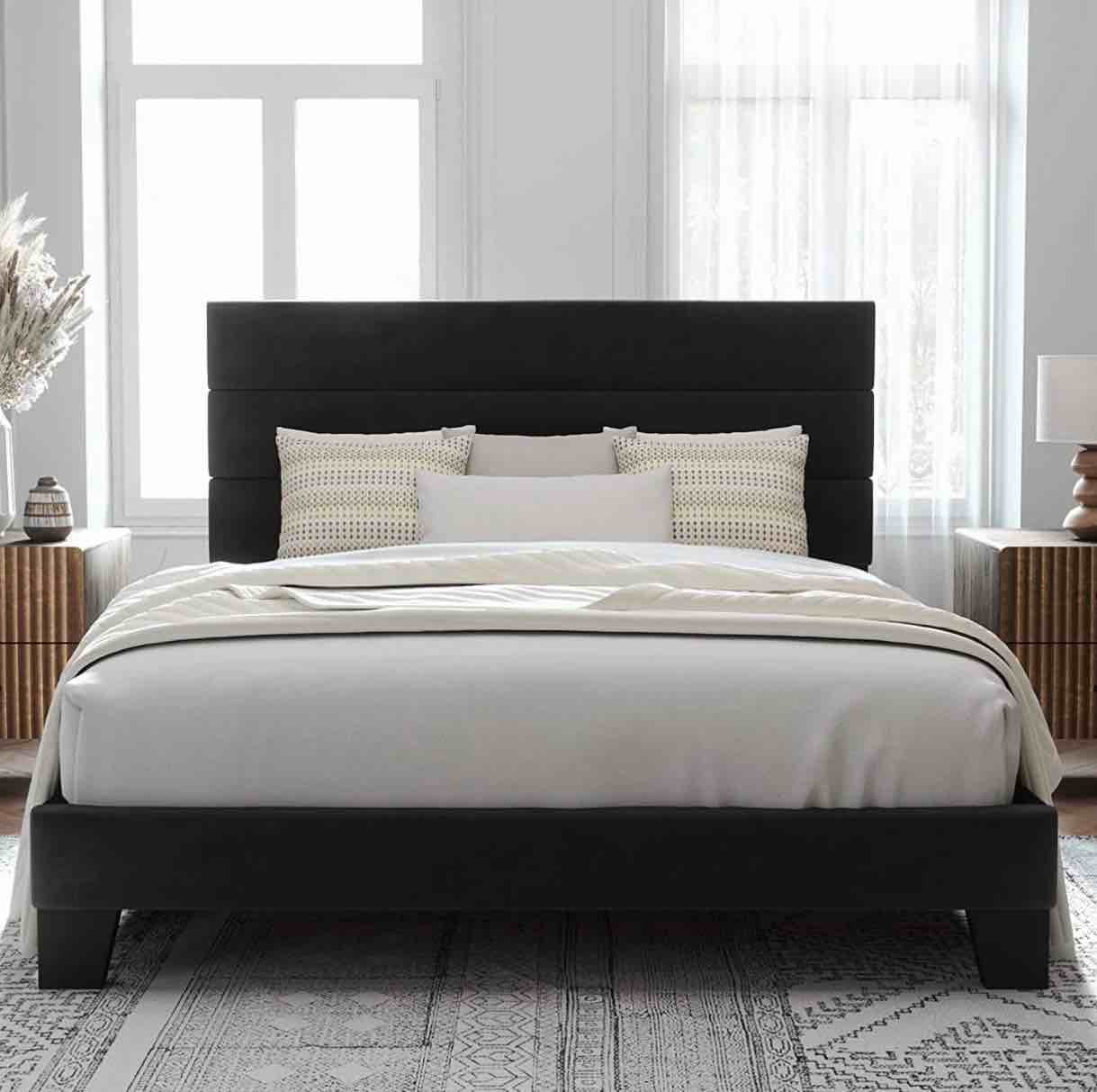 allewie queen size platform bed frame with velvet headboard/fully upholstered mattress foundation, no box spring needed, black