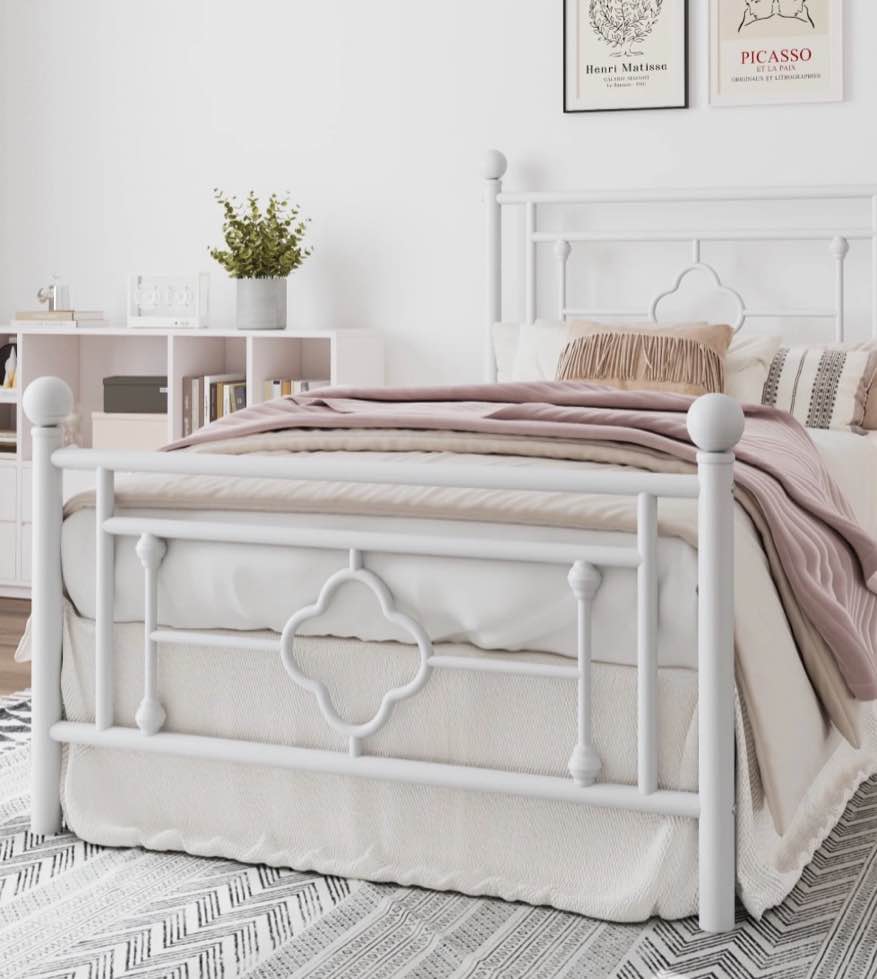 amolife twin size metal platform bed frame with vintage cross pattern headboard&footboard, white