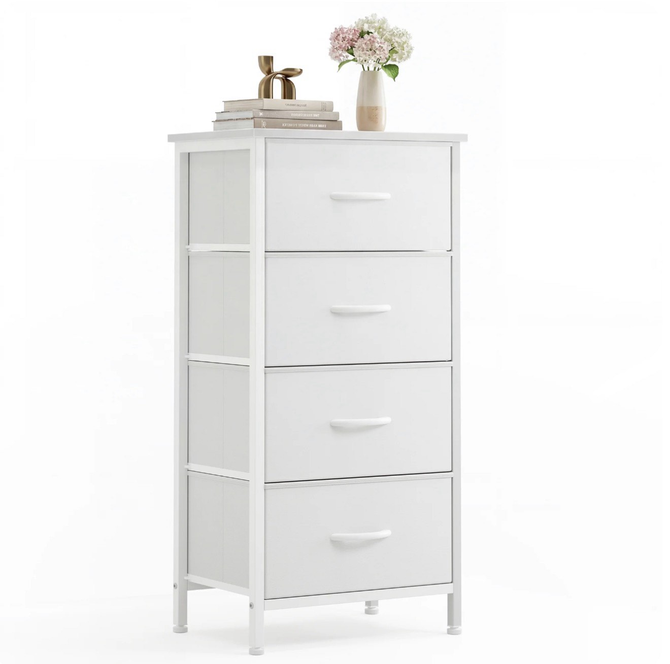 concetta 4 drawer dresser, wide chest drawers nightstand storage tower storage fabric dresser with wood top for living room, bedroom, closet, white