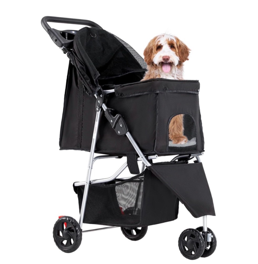 edx dog stroller pet travel folding carrier with storage basket for cat/dog 3 wheels black