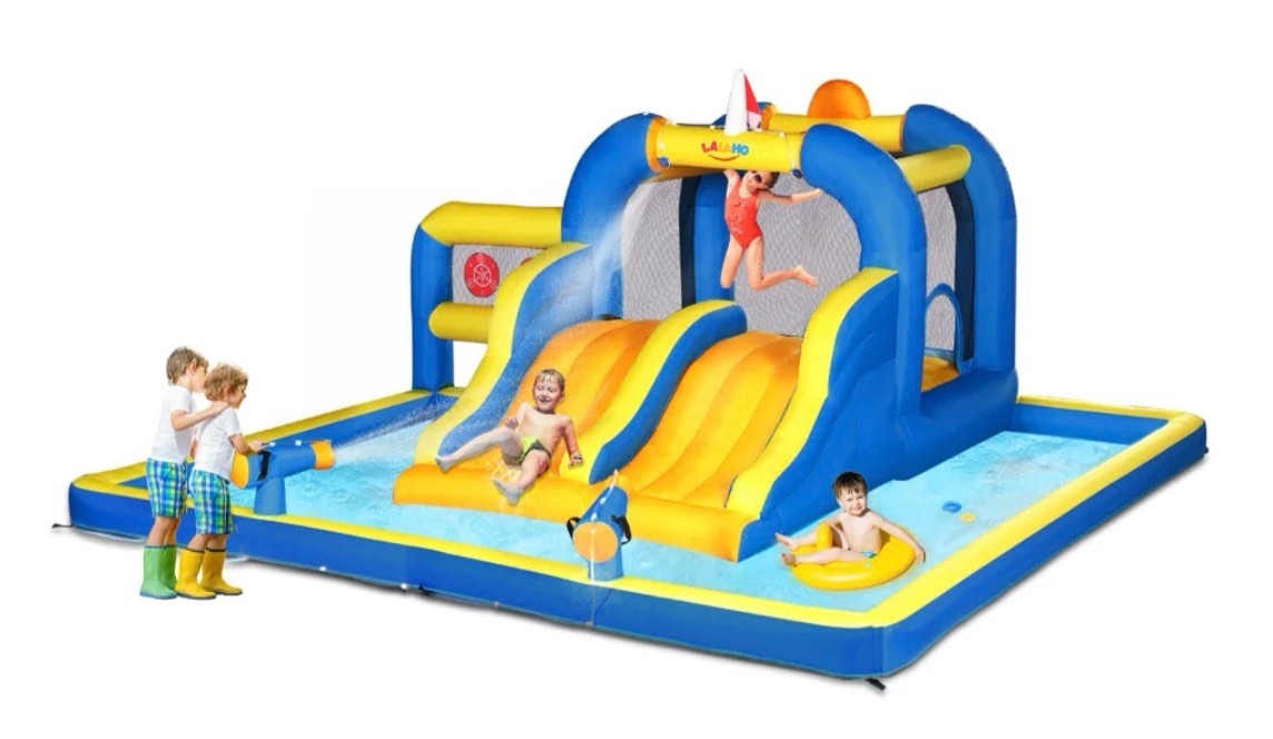 ktaxon 7-in-1 inflatable water slide bounce house with blower, dual slides water park, bounce area & basketball hoop for kids backyard