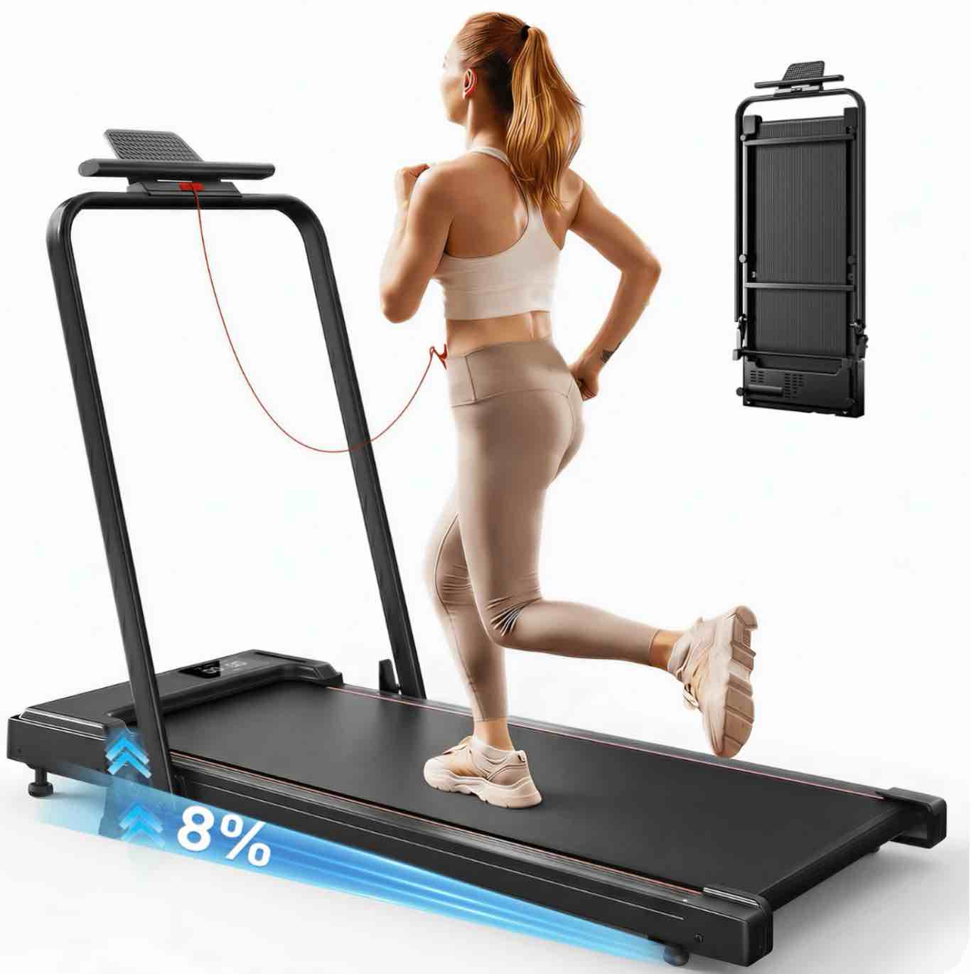 formill foldable treadmill 300 lbs walking pad treadmill with handlebar portable treadmill 2 in 1 for home/office under desk treadmill with mat touch control led display & remote control
