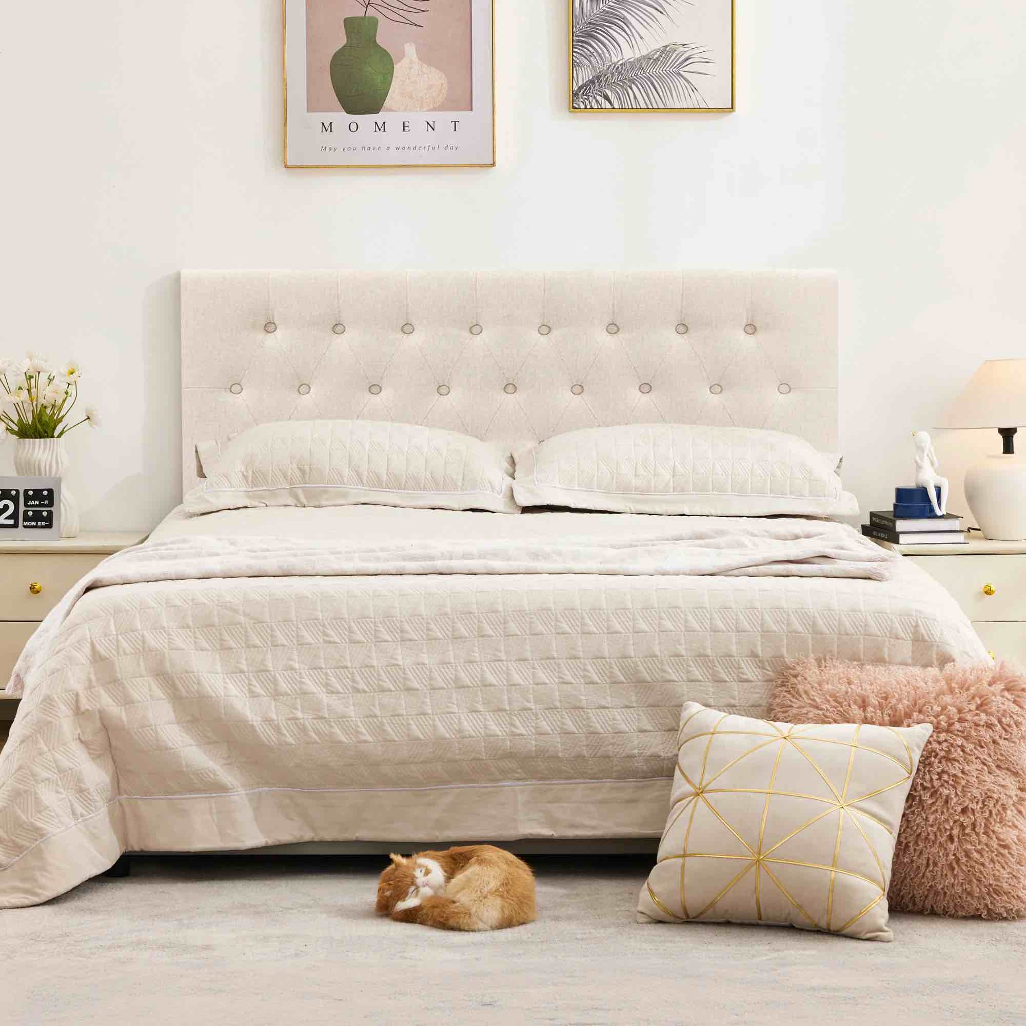 jonpony tufted upholstered headboard queen size, solid wood head board with adjustable height headboard from 37" to 51",bed frame adapters,beige,headboard only