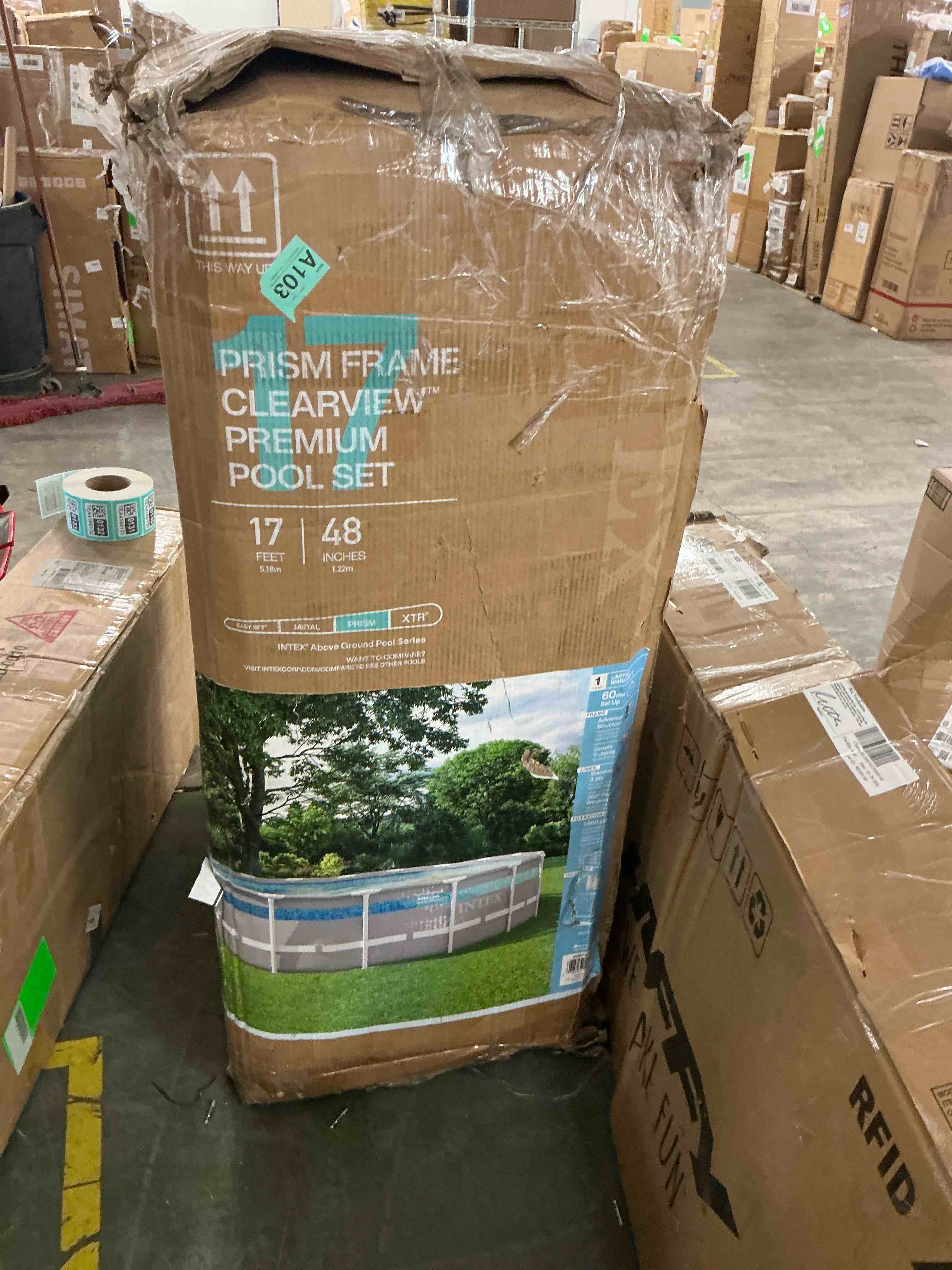 Condition photo showing New/Like New for intex 17 x 48 clearview prism frame above ground swimming pool set with pump