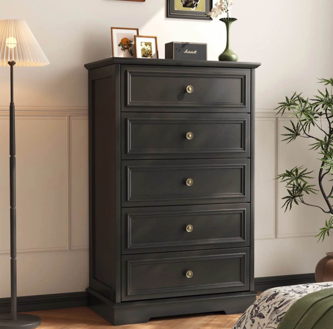 5 drawer dresser, wood chest of drawers for bedroom, vintage storage cabinet dresser organizer unit with antique bronze round handles for living room, closet, hallway, entryway