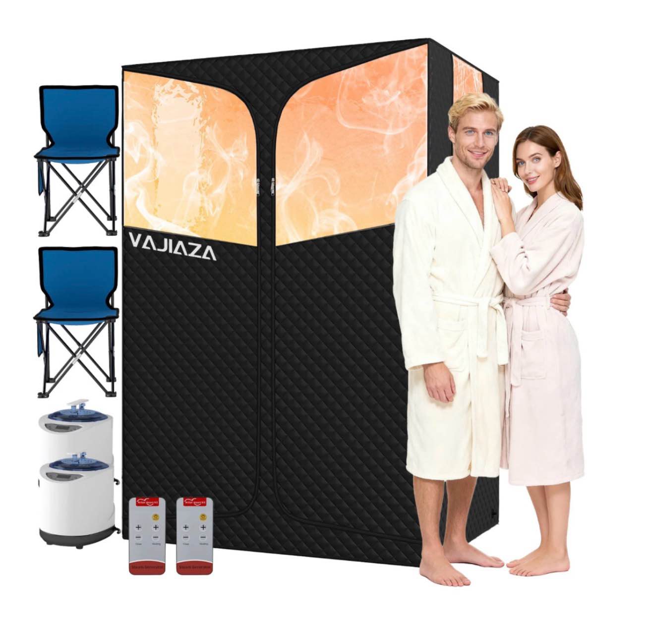 portable steam sauna for 2-person, indoor sauna box with remote control, 99min-timer, large steam sauna with 3l steam generators, folding chairs for home & gym
