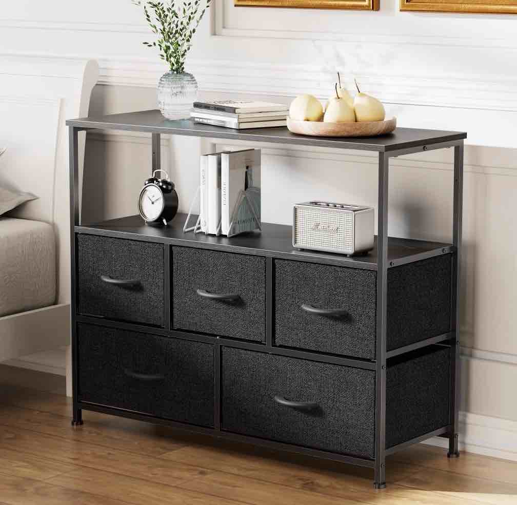 edx tv stand with 5 drawer dresser open shelves, fits tv up to 45 inches, black