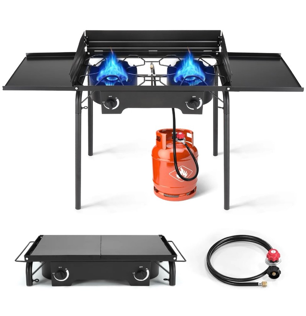 ktaxon 2 burner 150000 btu cooker w/ side shelves,removable legs,wind panels,regulator outdoor camping picnic stove stand