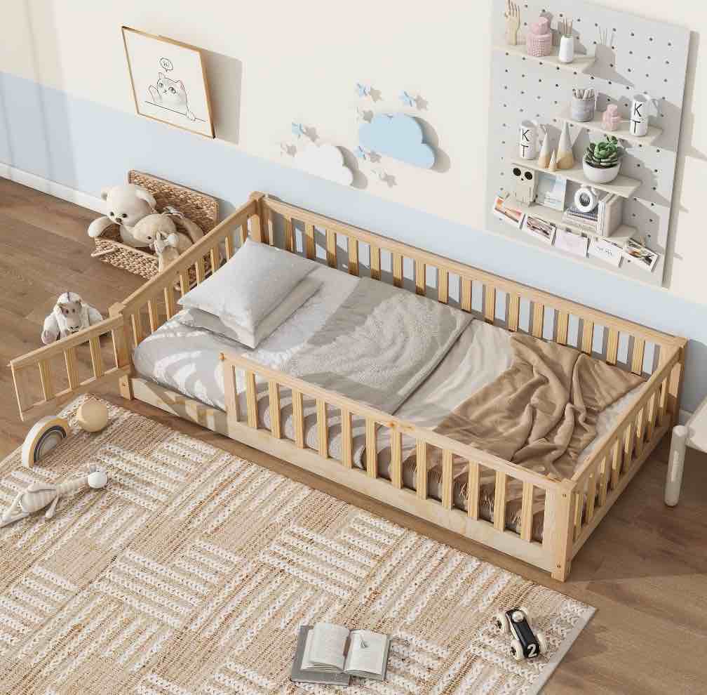 paproos twin size floor bed, solid wood toddler bed with slat, fence guardrail and door, no box spring needed, montessori bed, twin bed for kids, boys, girls, natural