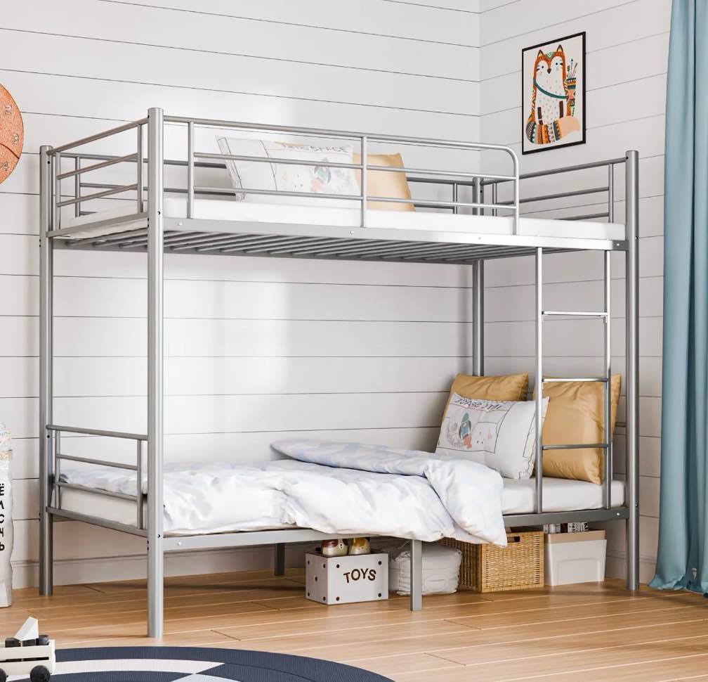 zimtown metal bunk bed twin over twin heavy duty bed frame with safety guard rails & flat ladder for kids teens adults  gray