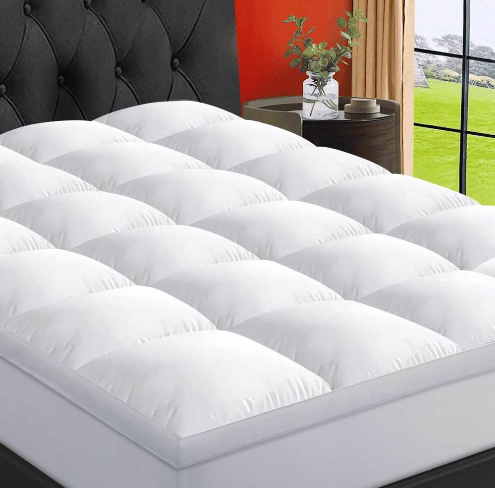 emonia 100% 400tc mattress topper queen for back pain, 900gsm mattress pad pillow top, quilted fitted mattress protector cover with 8-21" deep elastic pocket, soft comfort breathable (white, queen)