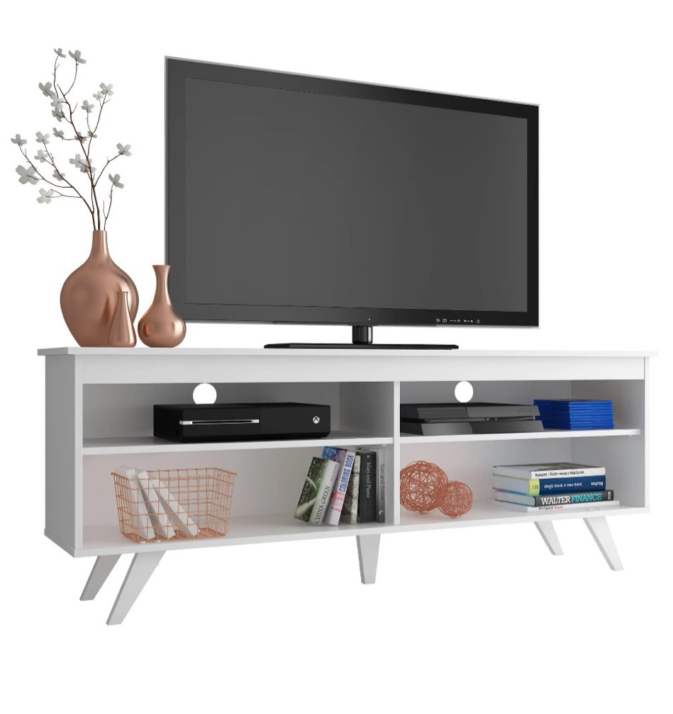 madesa tv stand entertainment center with 4 shelves and cable management for 55, 65 inch tv media storage gaming media console living room and bedroom modern wooden television - white