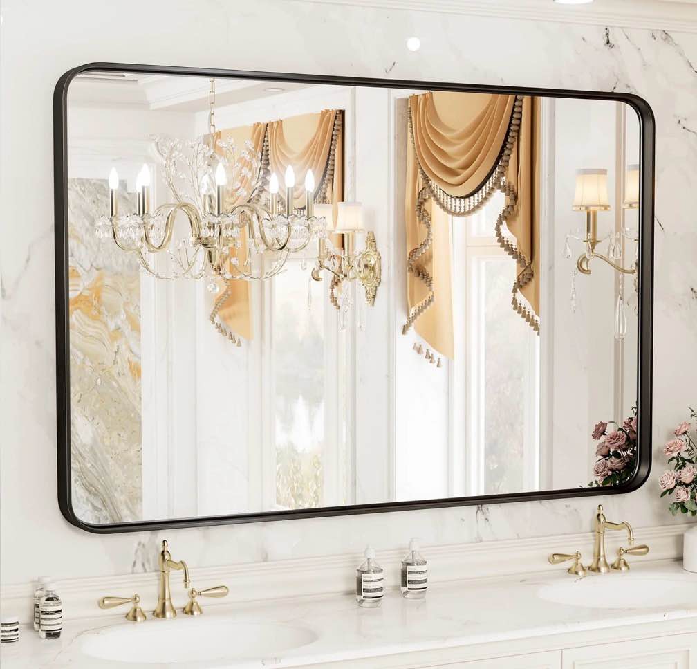 concetta shatterproof bathroom wall mirror –30  x 40  vanity mirror with rectangular metal frame  anti-fog  black