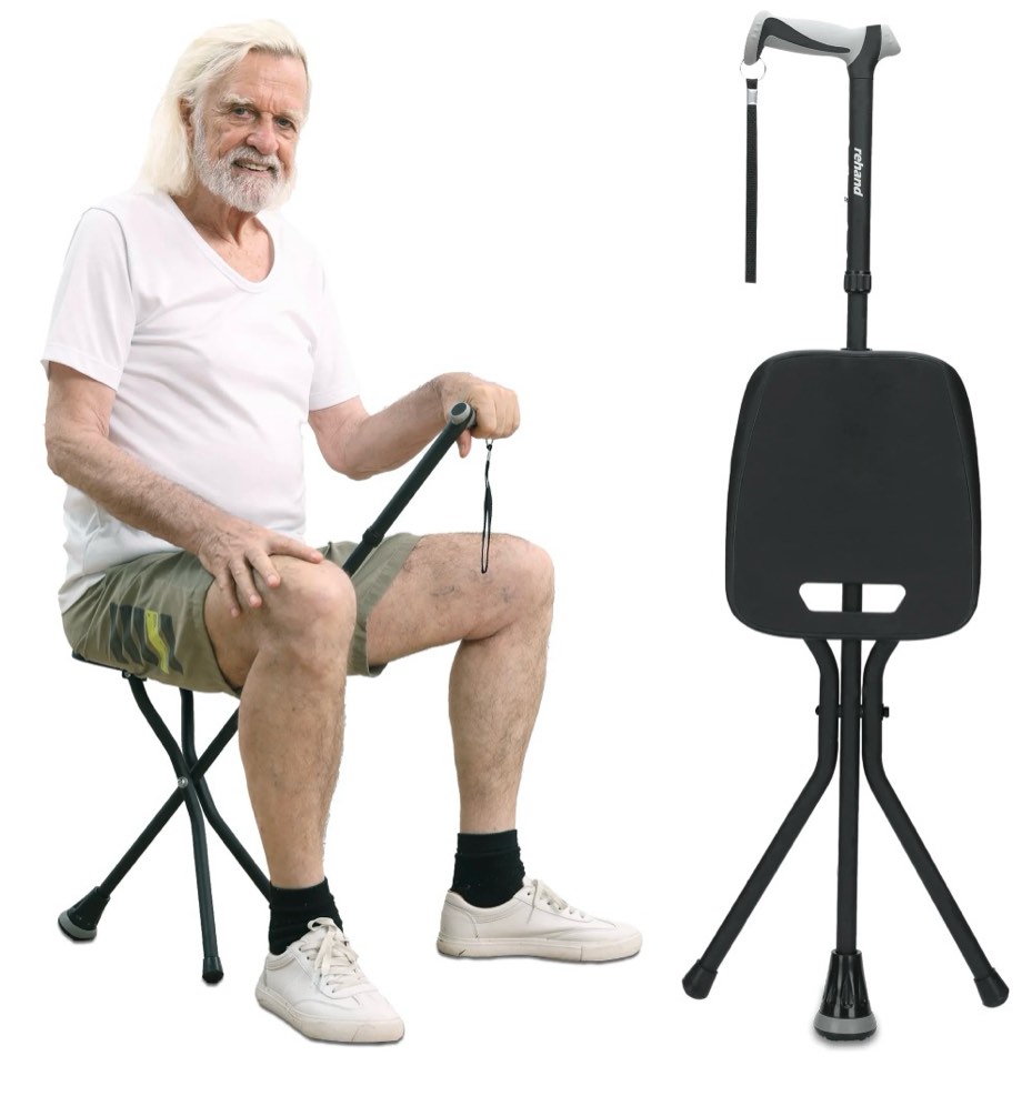 rehand folding adjustable walking cane with rubber feet, lightweight aluminum stick with seat, black