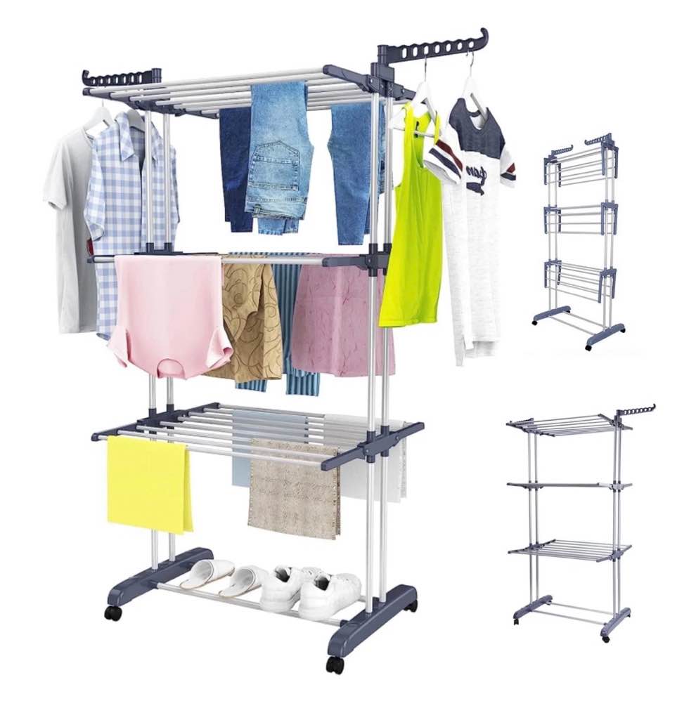 Homemart Clothes Drying Rack  4-Tier Foldable Laundry Drying Rack  Stainless Steel Garment Clothes Dryer Indoor or Outdoor Standing Clothing Rack with Wheels