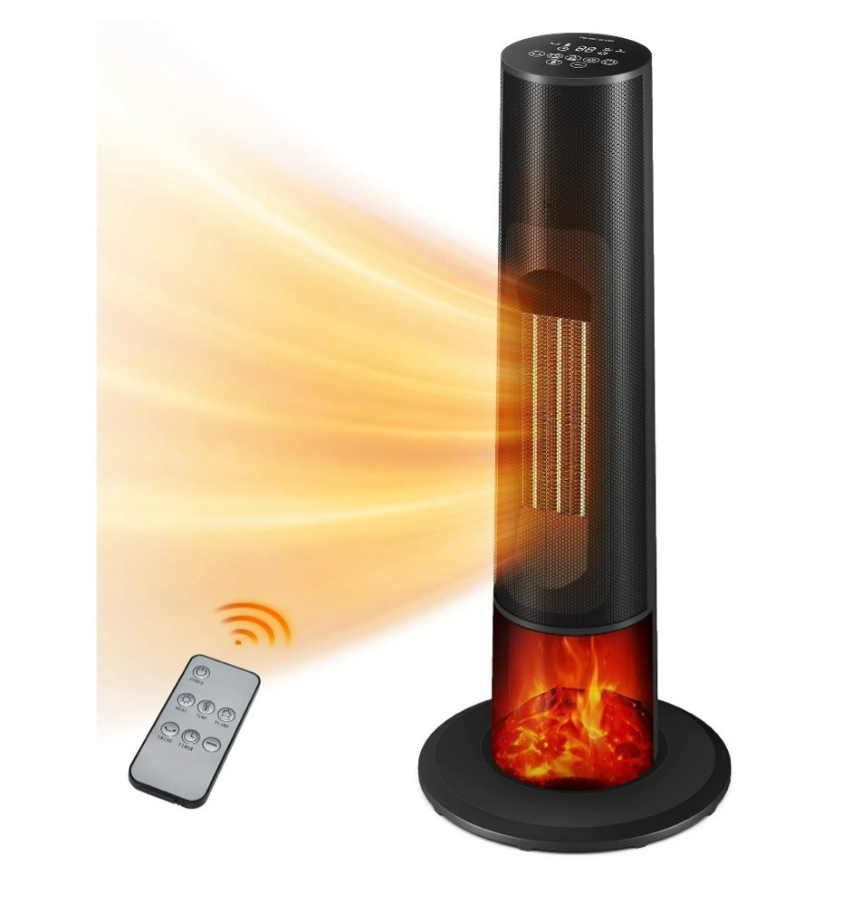 flamemore tower space heaters with fireplace 1500w,portable electric heater with 12h timer, remote control, oscillation tip-over and overheat protection for home & office