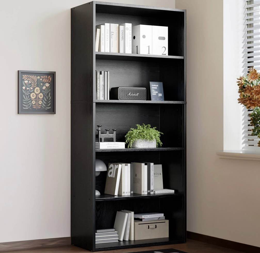 zunmos 5 shelf bookcase, 53 inch tall open industrial standing bookshelf large storage for home office, living room, bed room, black
