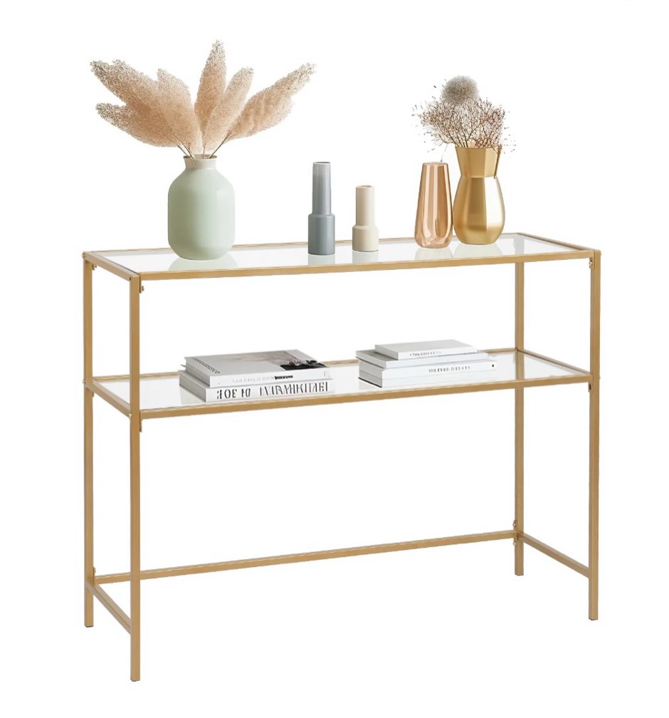ktaxon 2-tier glass console sofa table, modern entryway living room table with tempered glass shelf accent table for home decor, gold
