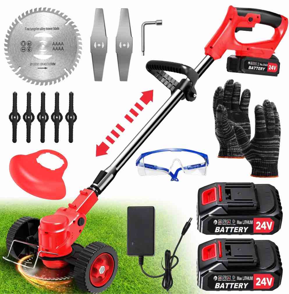 tntants electric weed wacker  cordless string trimmer with wheels  2pcs 24v batteries  3 types of blades  adjustable length  weed eater grass trimmer/edger/brush cutter for lawn yard garden (red)