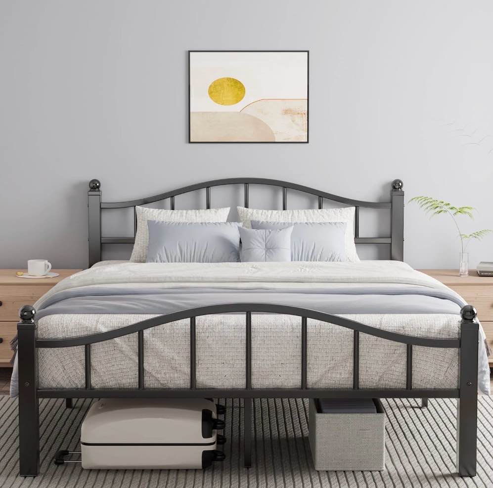 metal queen bed frame, noise-free design & underbed storage heavy duty queen size bed frames with headboard no box spring needed/tool-free assembly