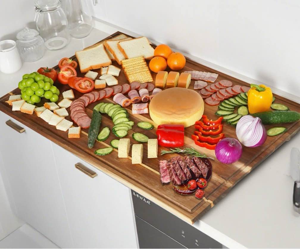 sentsu 36x24 extra large acacia wood cutting boards with juice groove and handles, 5xl stove top cover thick heavy duty pre-oiled