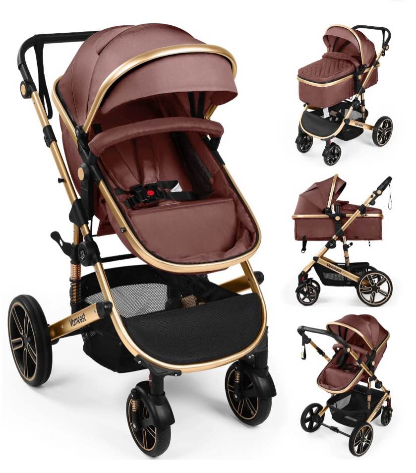 vomeast baby stroller, foldable aluminum alloy stroller with reversible, travel stroller for newborn infant, brown
